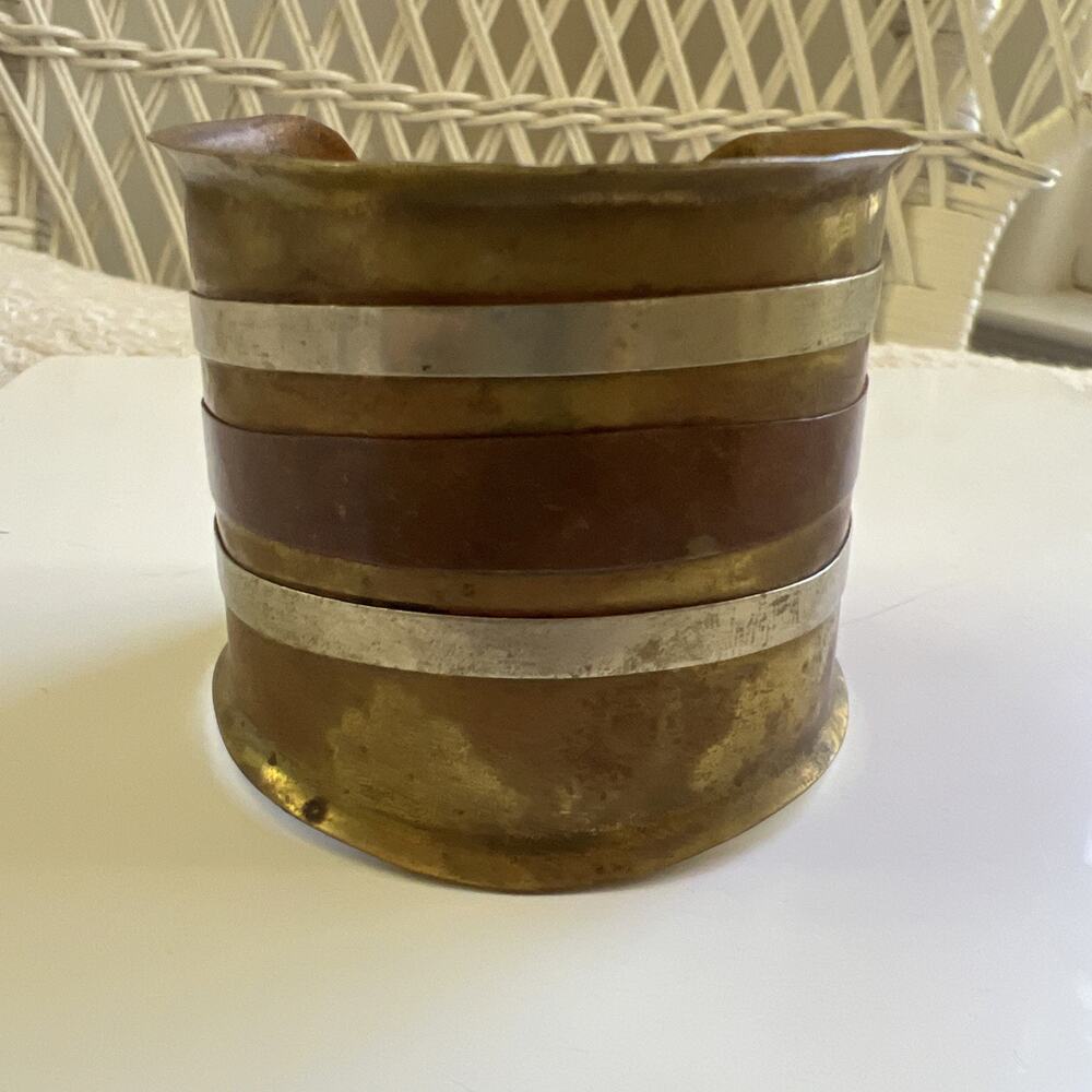 Vintage Mixed Metal Wide Cuff Bracelet Brass Copper Silver Tone Striped Boho
